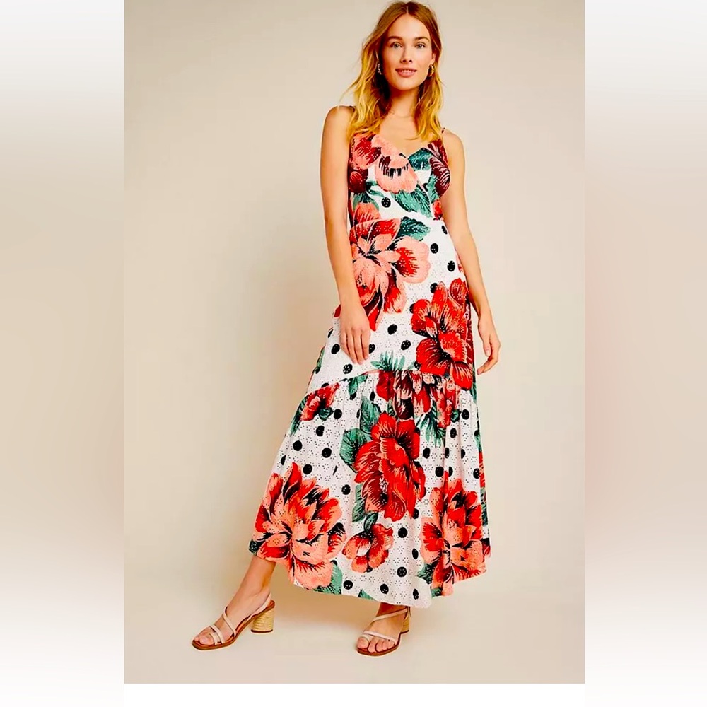 Farm Rio Eyelet Maxi Dress Anthropologie Riviera Red Floral Sundress Size 4